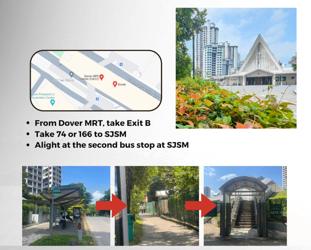 Map showing directions from Dover MRT station to the SJSM Tamil Church campus.